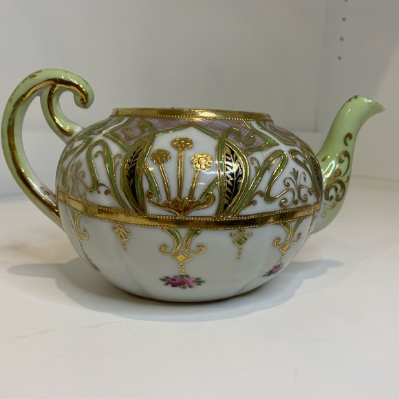 EUC Antique Nippon Hand Painted Moriage Style Teapot Gold Green Pink Black - Picture 5 of 13